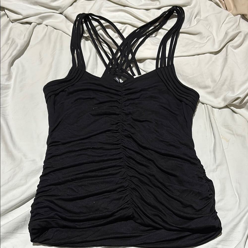 Double Zero xl Elegant Black Ruched Women's Top with crazy woven tank straps NWT